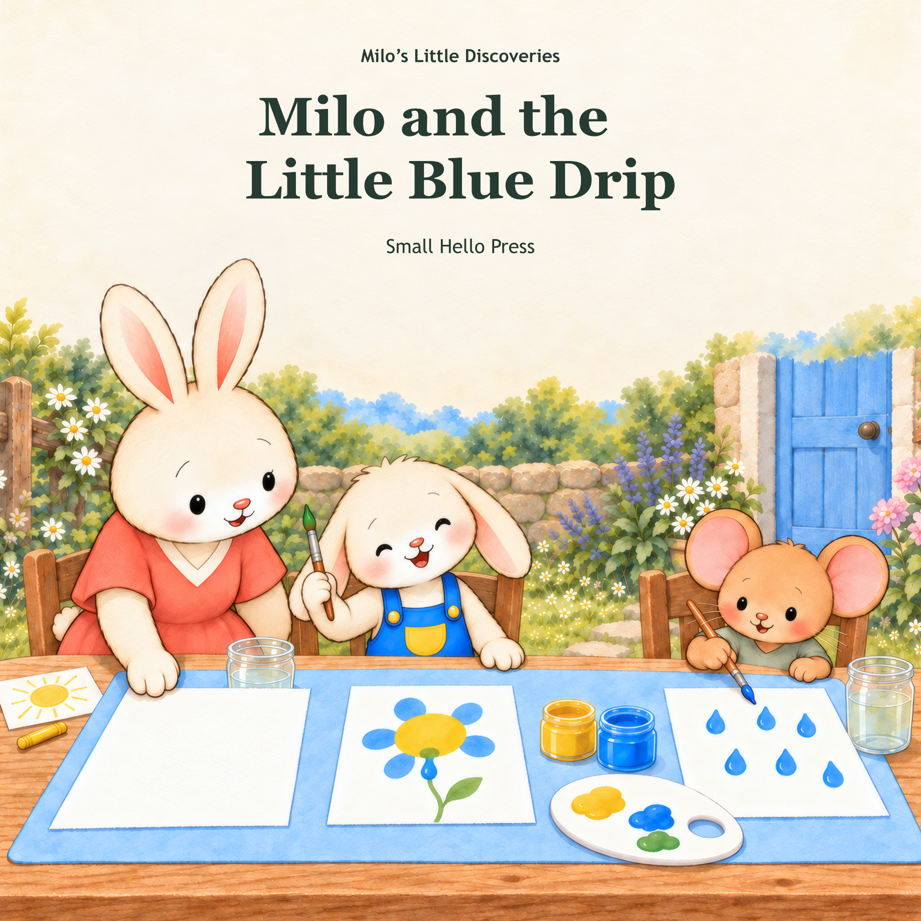 Cover art for Milo and the Little Blue Drip, showing Milo, Mama, and Pip painting together