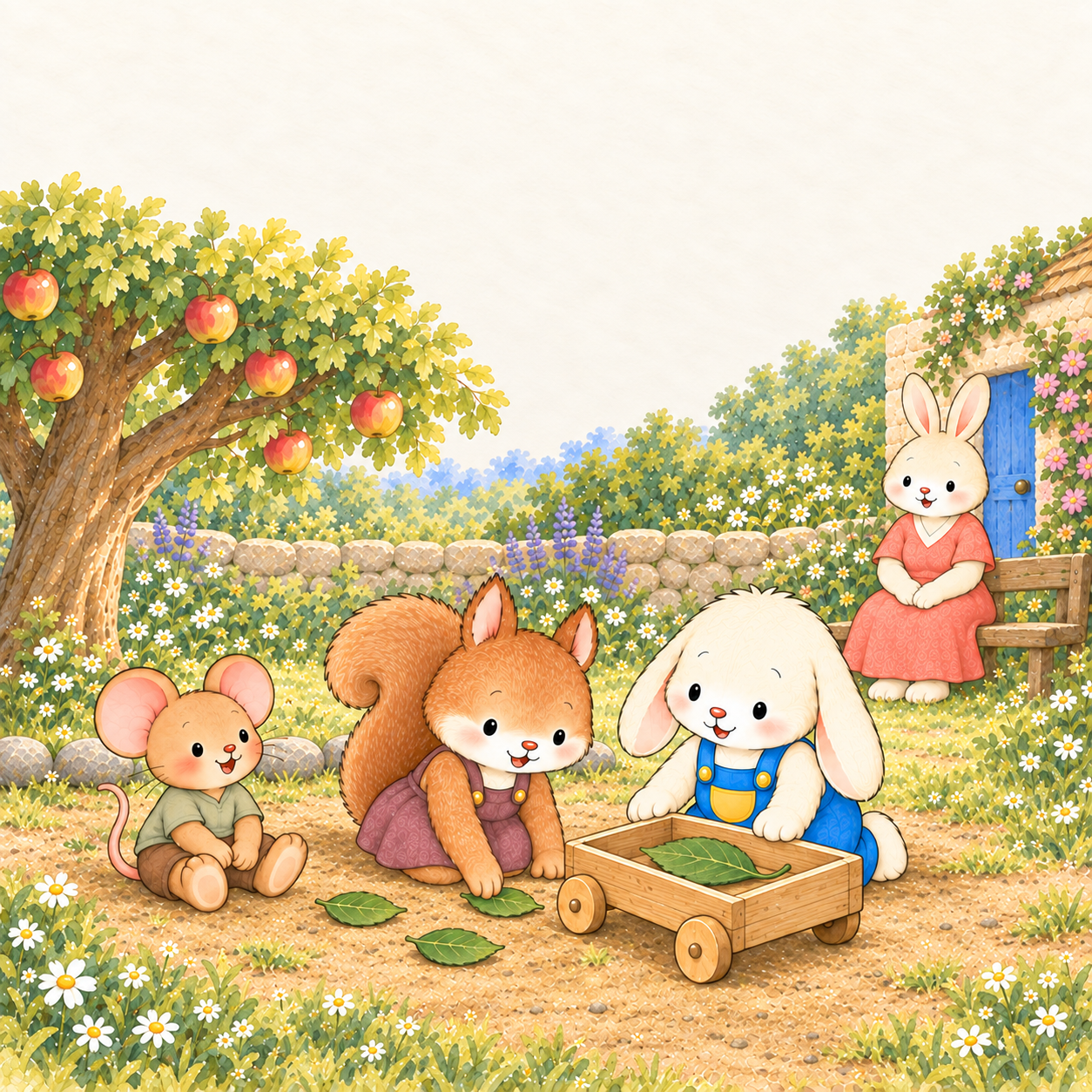 Milo and his friends making a discovery together in a sunny garden