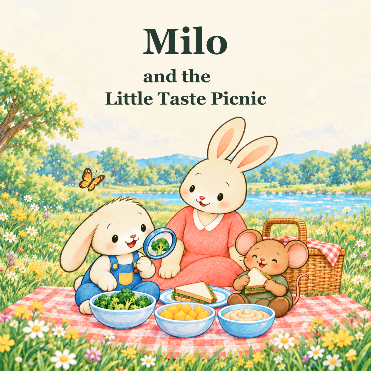Milo and his family sharing a picnic beside a river